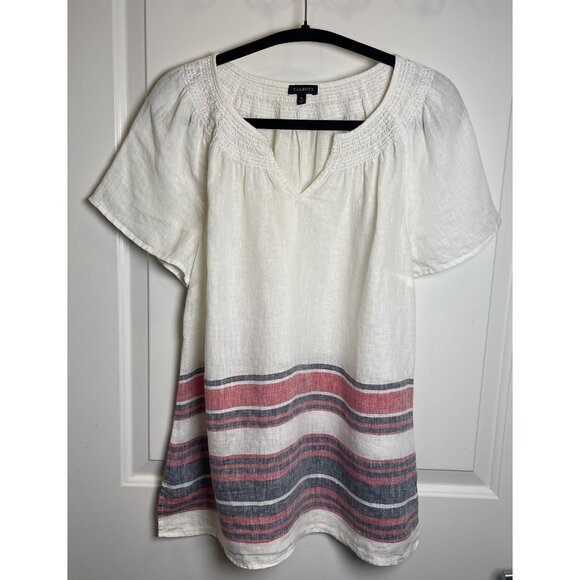 Talbots Linen Blend Peasant White Red Navy Striped Smocked Top Med Boho Casual - Picture 1 of 7